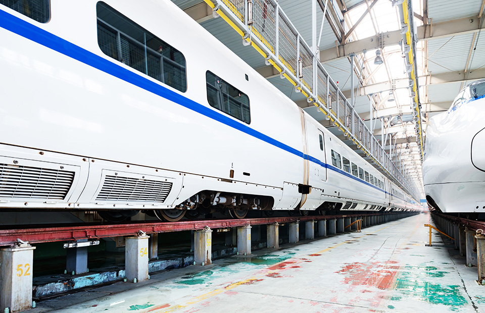 Trains in maintenance hall